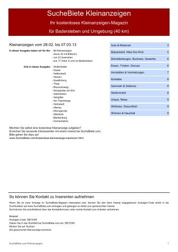 SucheBiete Kleinanzeigenzeitung Badersleben - Kostenlose ...