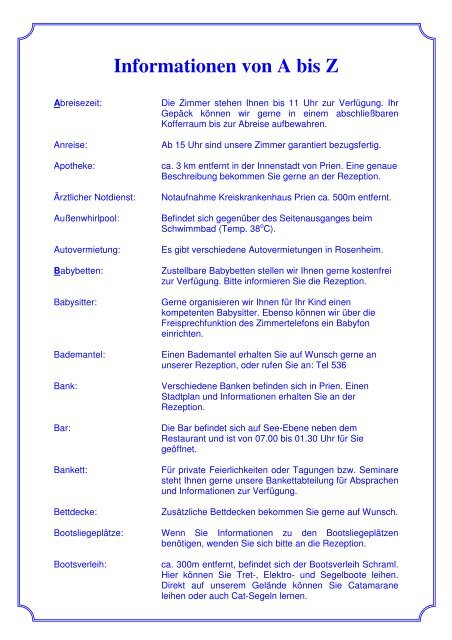Informationen von A bis Z (PDF 48KB) - Yachthotel Chiemsee GmbH
