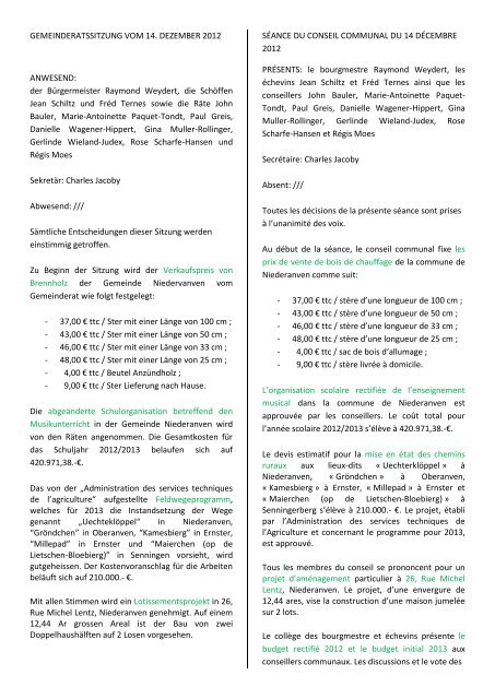 GEMEINDERATSSITZUNG VOM 14. DEZEMBER ... - Niederanven