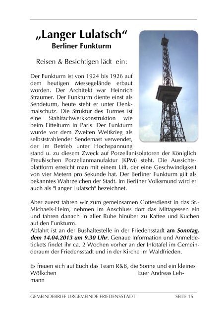 Urgemeinde Friedensstadt - Gemeindebrief - Johannische Kirche