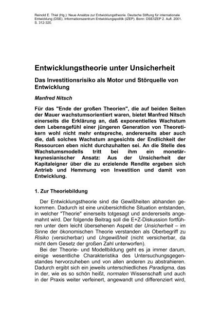 Manfred Nitsch: Entwicklungstheorie unter Unsicherheit. Das ... - GIZ