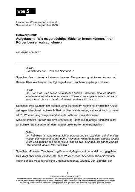 Aufgetaucht - Wie magersüchtige Mädchen lernen - WDR 5