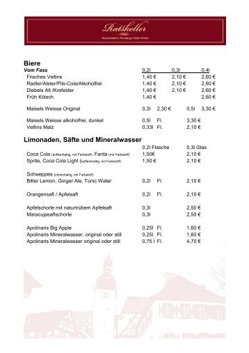 Biere Limonaden, Säfte und Mineralwasser - Ratskeller Arnsberg