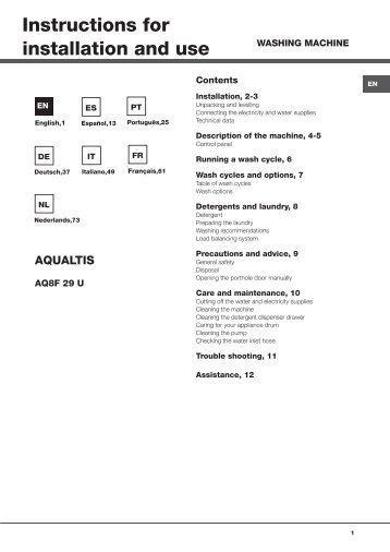 Instructions for installation and use - Hotpoint-Ariston