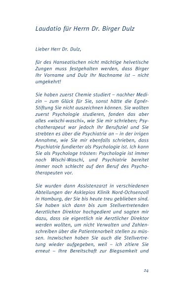 Laudatio für Herrn Dr. Birger Dulz - Dr. Margrit Egnér-Stiftung