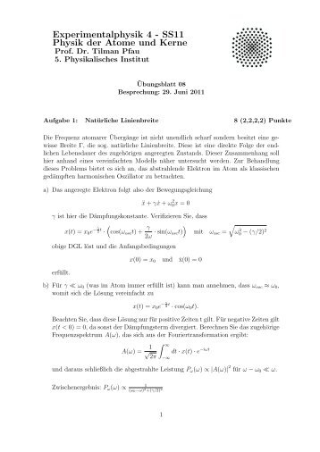 Uebungsaufgaben Experimentalphysik 4 - SS11 - 5. Physikalisches ...