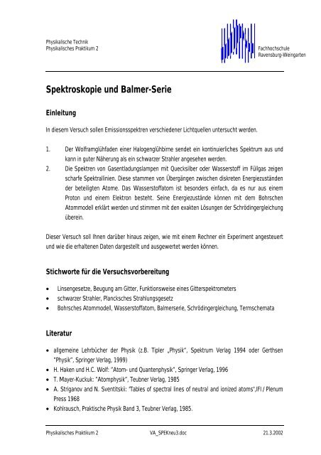 Spektroskopie und Balmer-Serie - Marc Baumann ----- Homepage