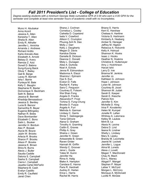 Fall 2011 President's List - College of Education