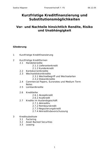 Kurzfristige Kreditfinanzierung und Substitutionsmöglichkeiten