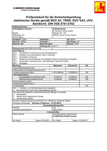 Prüfprotokoll für instandgesetzte elektrische Geräte - BGV A3 ...