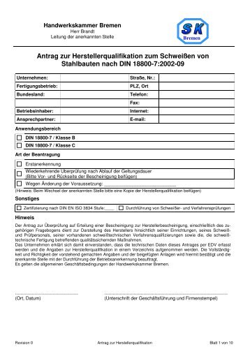 Antrag zur Herstellerqualifikation zum Schweißen von Stahlbauten