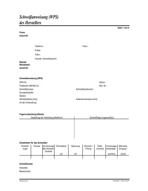 Schweißanweisung (WPS) des Herstellers