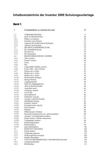 Inhaltsverzeichnis der Inventor 2009 Schulungsunterlage