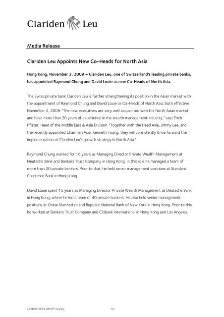 Media Release Clariden Leu Appoints New Co-Heads for North Asia