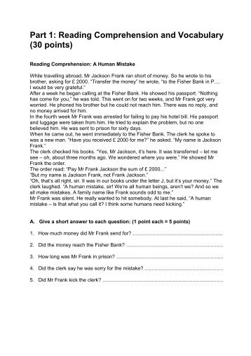 Part 1: Reading Comprehension and Vocabulary (30 points)