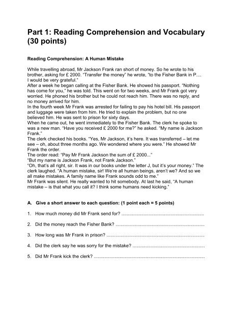 Part 1: Reading Comprehension and Vocabulary (30 points)