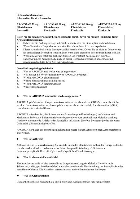 Information für den Anwender ARCOXIA® 30 mg Filmtabletten - MSD