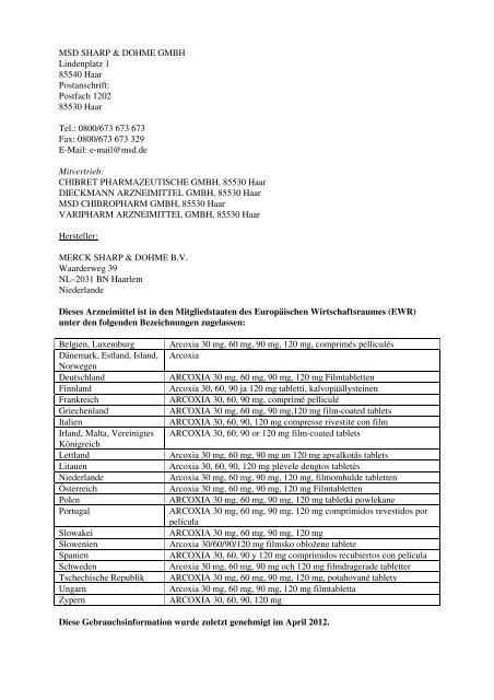 Information für den Anwender ARCOXIA® 30 mg Filmtabletten - MSD