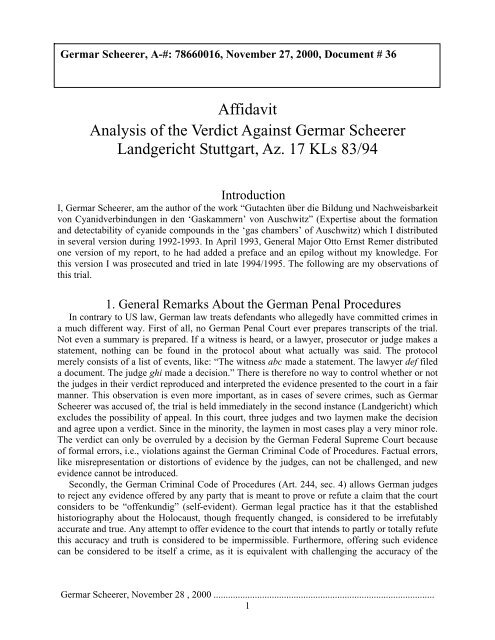 Affidavit Germar Scheerer, Analysis of the Verdict ... - Germar Rudolf