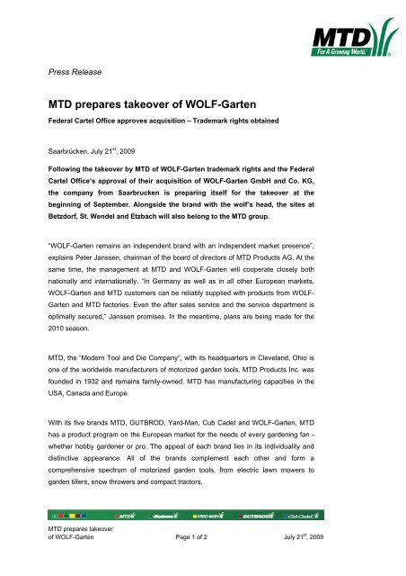 MTD prepares takeover of WOLF-Garten - MTD Europe