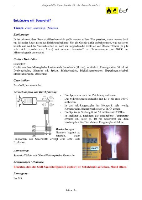 Ausgewählte Experimente für die Sekundarstufe I Abgestimmt mit ...