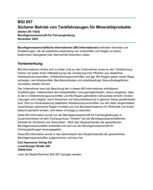 BGI 857 Sicherer Betrieb von Tankfahrzeugen für Mineralölprodukte