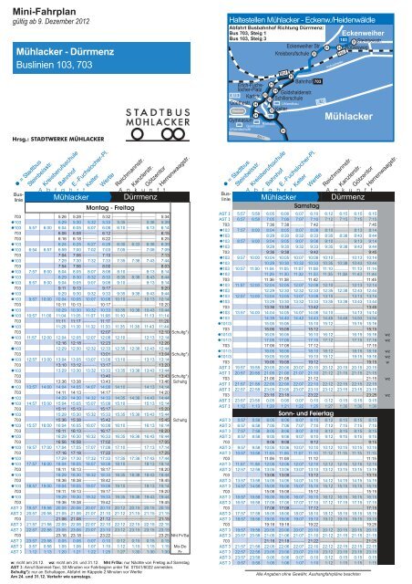 Mini-Fahrplan Mühlacker - Dürrmenz Buslinien 103, 703 Mühlacker