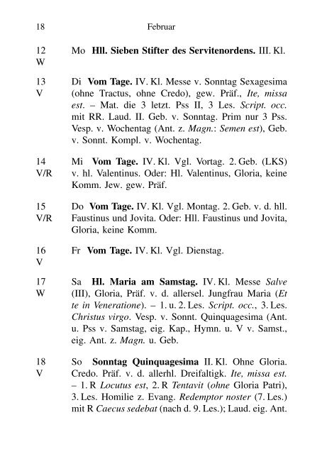 LITURGISCHER KALENDER nach dem MISSALE ROMANUM 1962