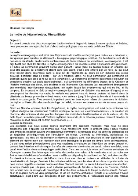 Mircea Eliade, "Le mythe de l'éternel retour - Enseignement et ...