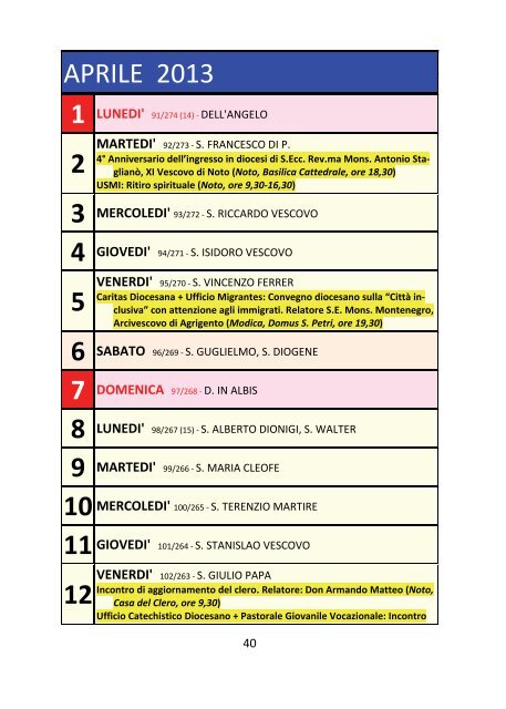 Calendario Pastorale 2012-2013 - DIOCESI di NOTO