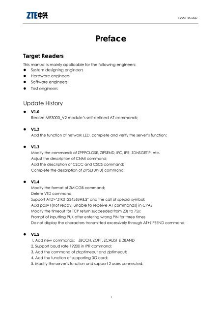 AT Command Manual For ZTE Corporation's ME3000_V2 Module