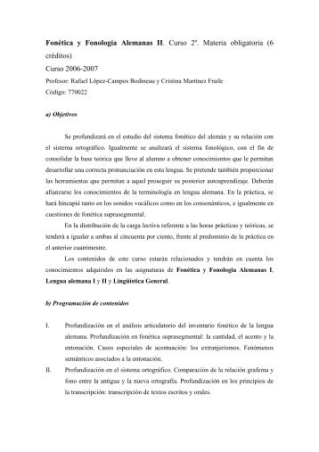 Fonética y Fonología Alemanas II. Curso 2º. Materia obligatoria (6 ...