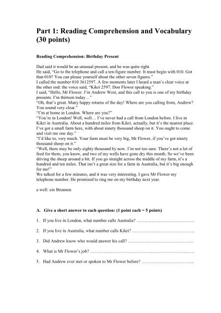 Part 1: Reading Comprehension and Vocabulary (30 points)