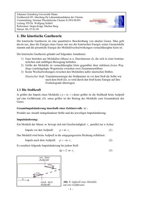 1. Die kinetische Gastheorie - Johannes Gutenberg-Universität Mainz