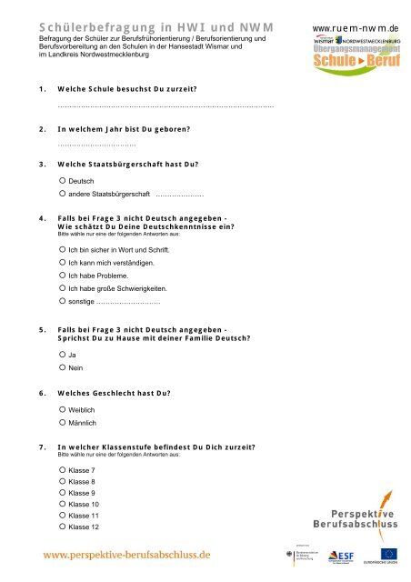 Fragebogen für Schüler/innen - Perspektive Berufsabschluss