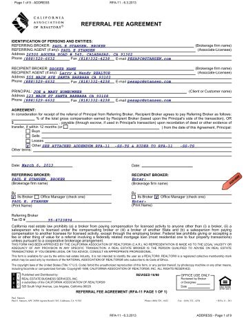 Referral Fee Agreement - 10/98 (CAR) - Paul E. Stansen, APC