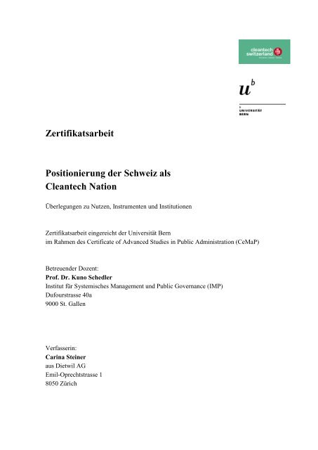 Zertifikatsarbeit Positionierung der Schweiz als Cleantech Nation