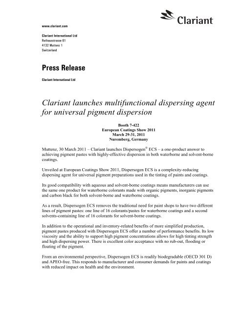 Press Release Clariant launches multifunctional dispersing agent ...