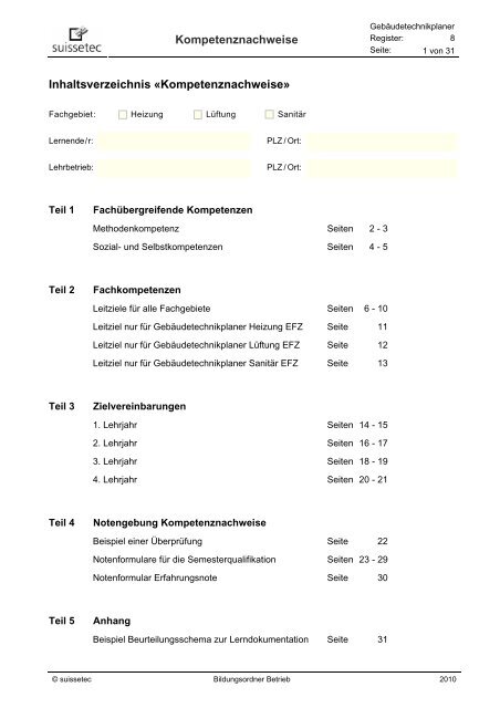 Kompetenznachweise Inhaltsverzeichnis Kompetenznachweise