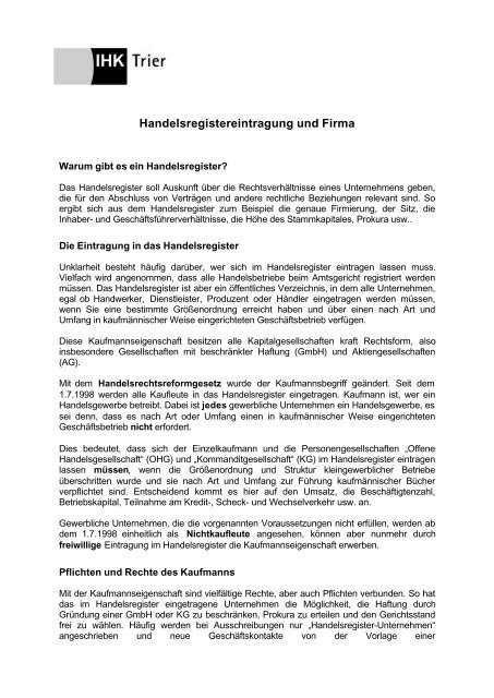 Handelsregistereintragung und Firma - IHK Trier