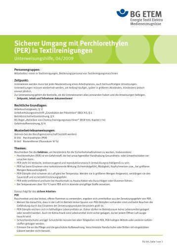 Sicherer Umgang mit Perchlorethylen (PER) in ... - Die BG ETEM