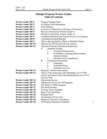 Multiple Program Worker Guides Table of Contents