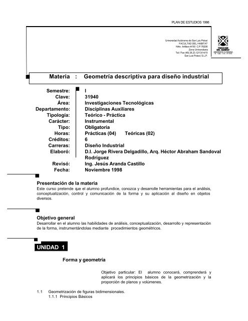 UNIDAD 1 Materia : Geometría descriptiva para diseño industrial