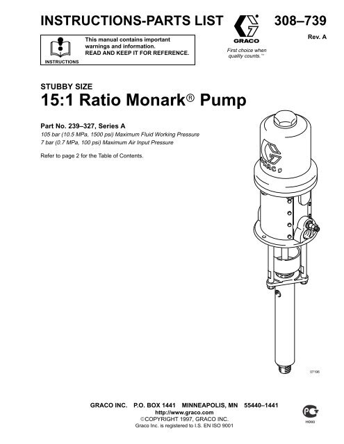 Monark Pump, Stubby Size - Graco Inc 