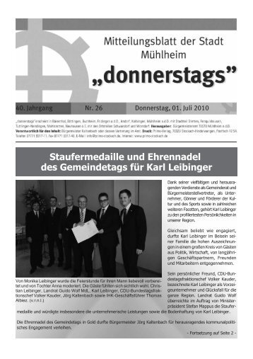 Staufermedaille und Ehrennadel des Gemeindetags für Karl Leibinger