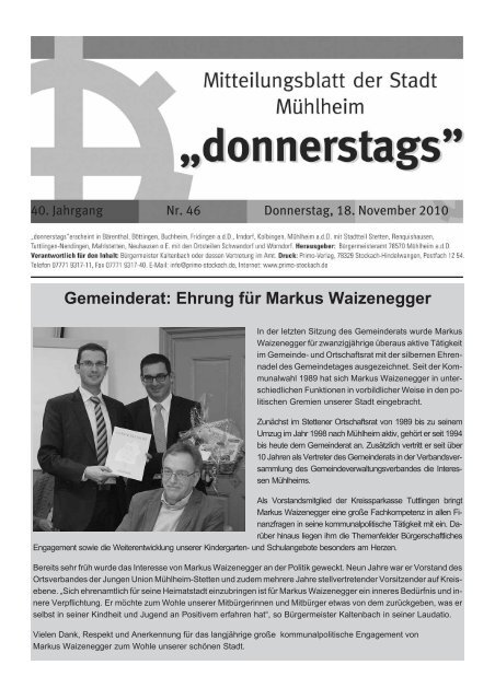 Gemeinderat: Ehrung für Markus Waizenegger - Mühlheim an der ...