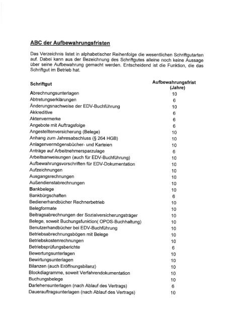 ABC der Aufbewahrungsfristen Das Verzeichnis listet in ...