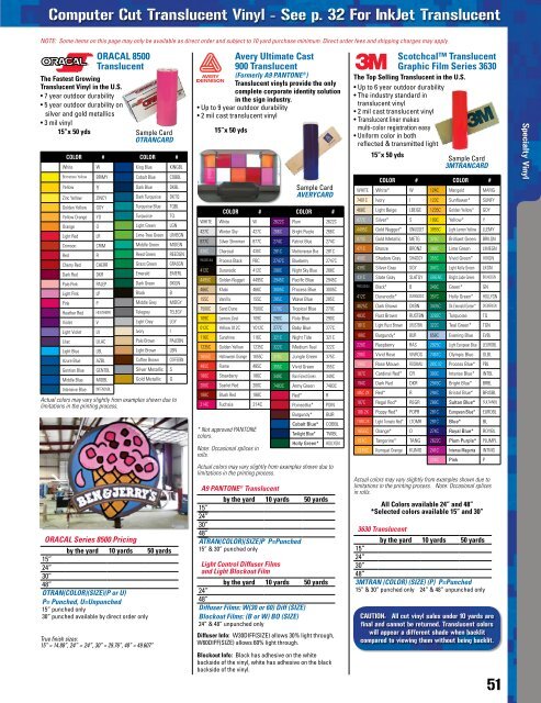 Avery Translucent Vinyl Color Chart