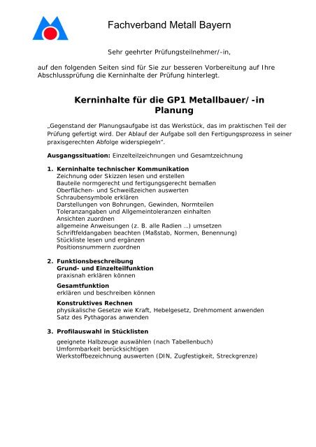 Kerninhalte für die GP2 Metallbauer - Fachverband Metall Bayern