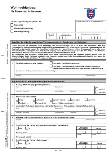 Wohngeldantrag für Bewohner in Heimen - (Thüringen - Stand 01 ...